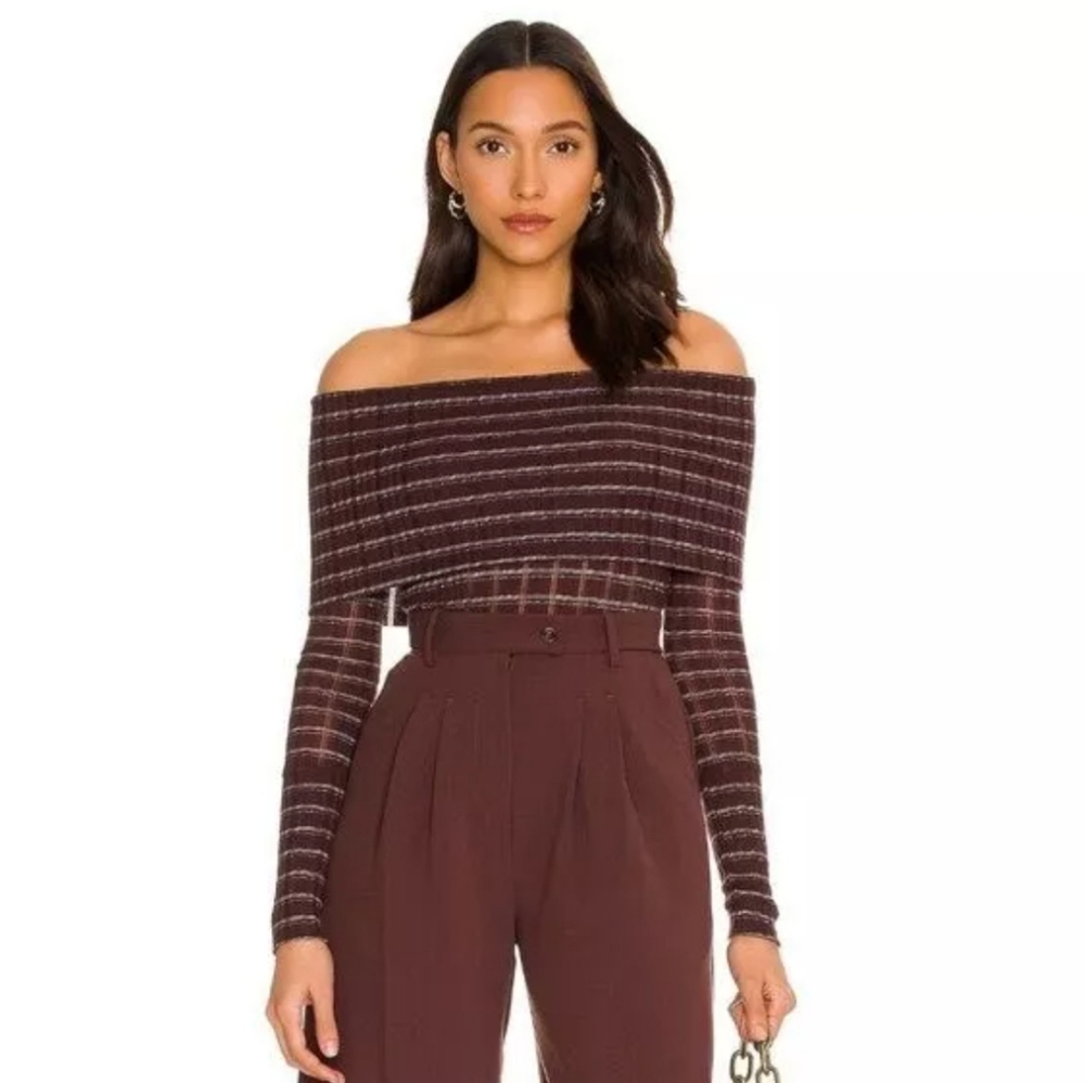 Free People Off-Shoulder Ribbed Crop Top in Dark Brown with Cream Stripes